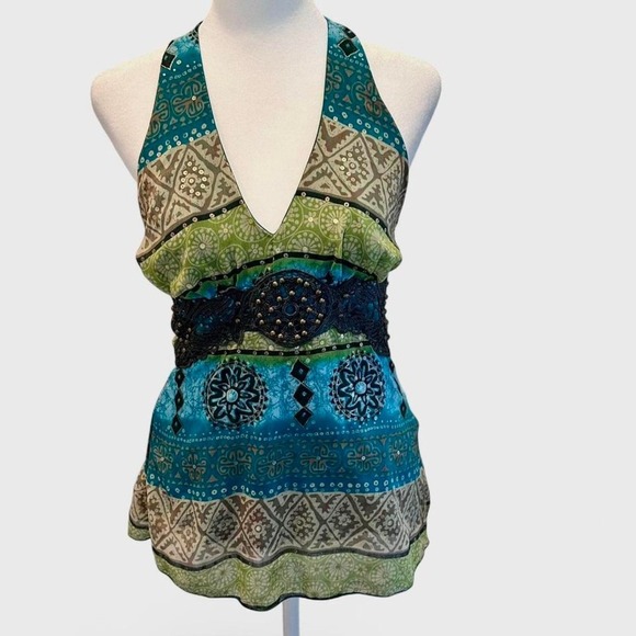 Vintage Bisou Bisou Michelle Bohbot Green Blue Halter Top Size XS - Picture 1 of 8